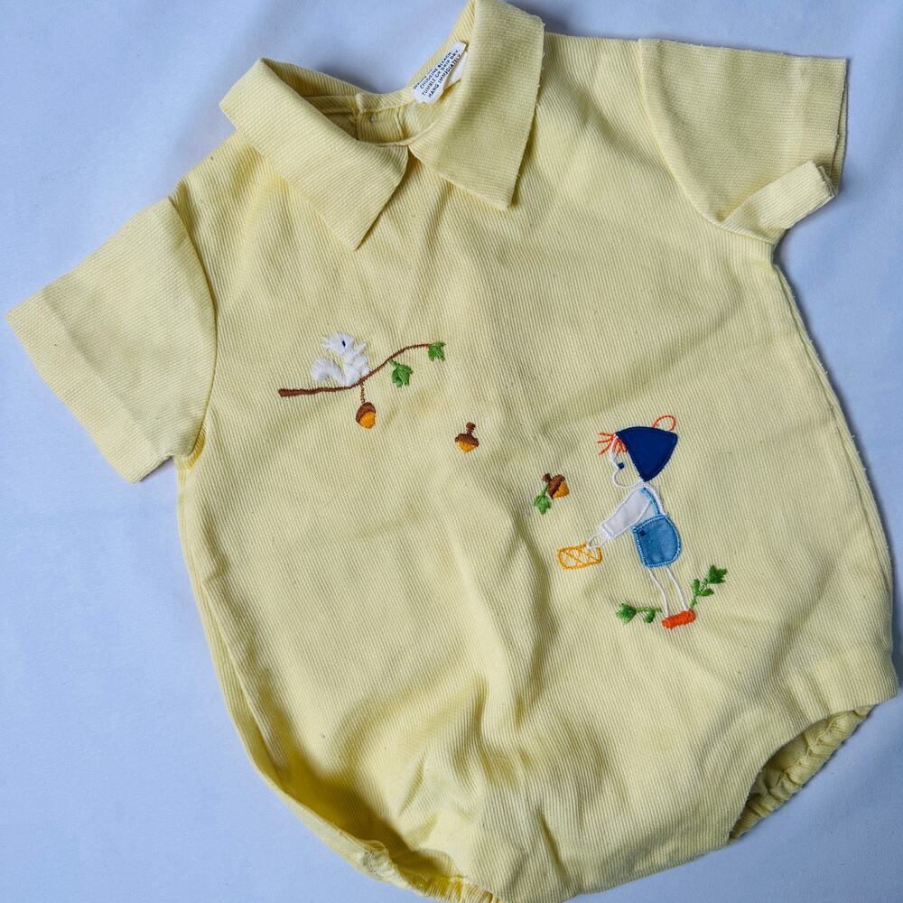 Vintage Dutch Embroidered Nature Scene Yellow Collared Romper
